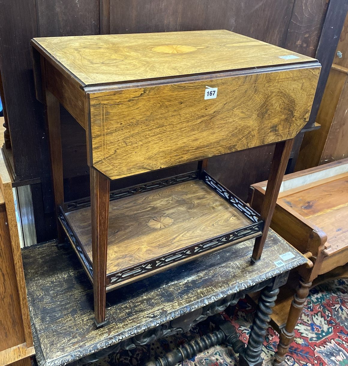 An Edwardian satinwood inlaid rosewood drop flap two tier table, width 60cm, depth 40cm, height 69cm